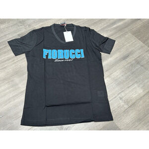 NWT Fiorucci Womens Black Blue Big Letter Logo Graphic Tshirt V‎ Neck Size Small